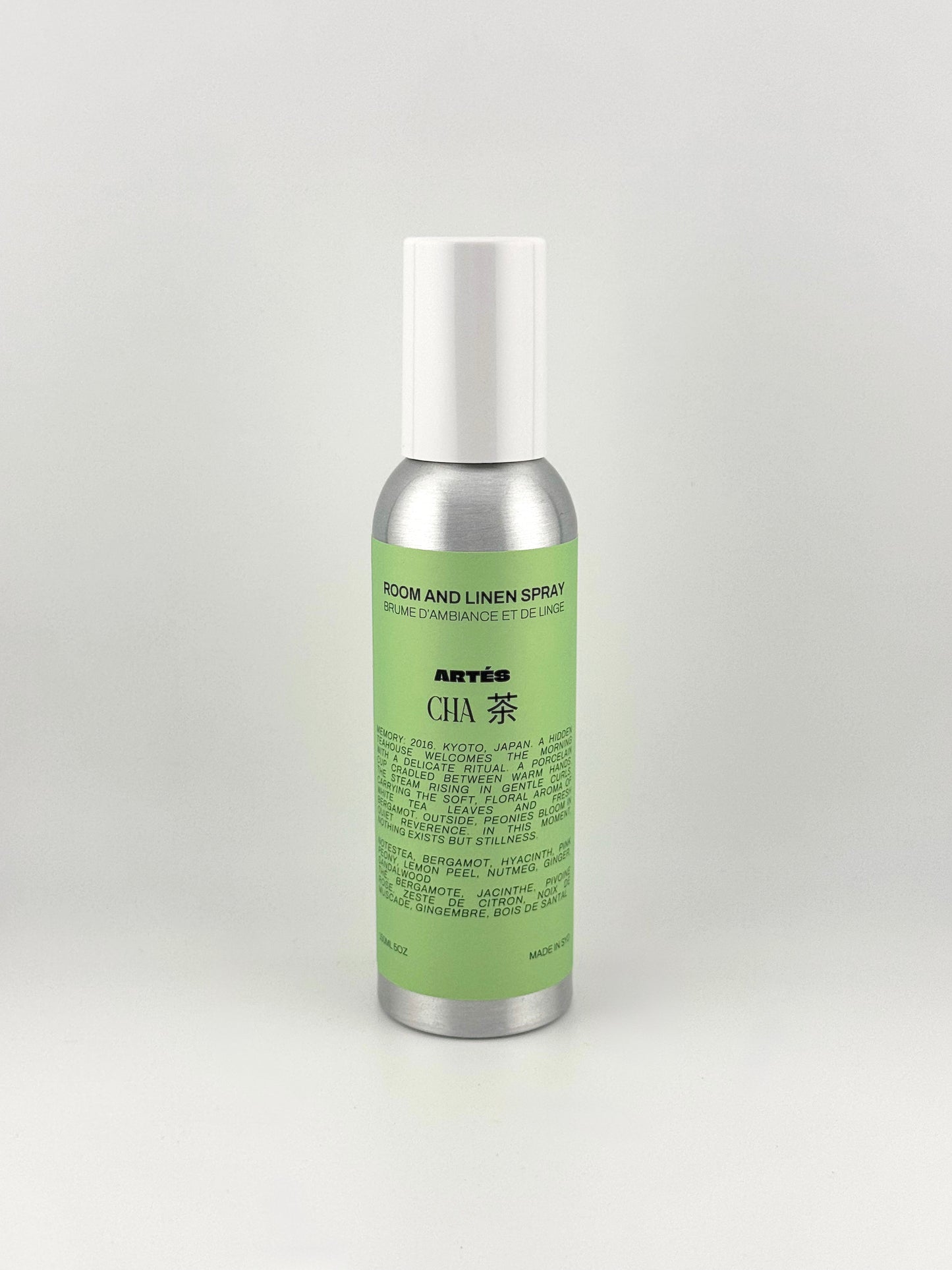 ARTES CHA Tea room and linen spray in signature aluminium bottle