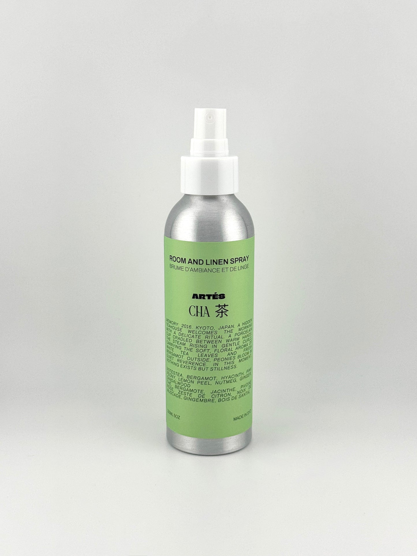 ARTES CHA Tea room and linen spray in signature aluminium bottle
