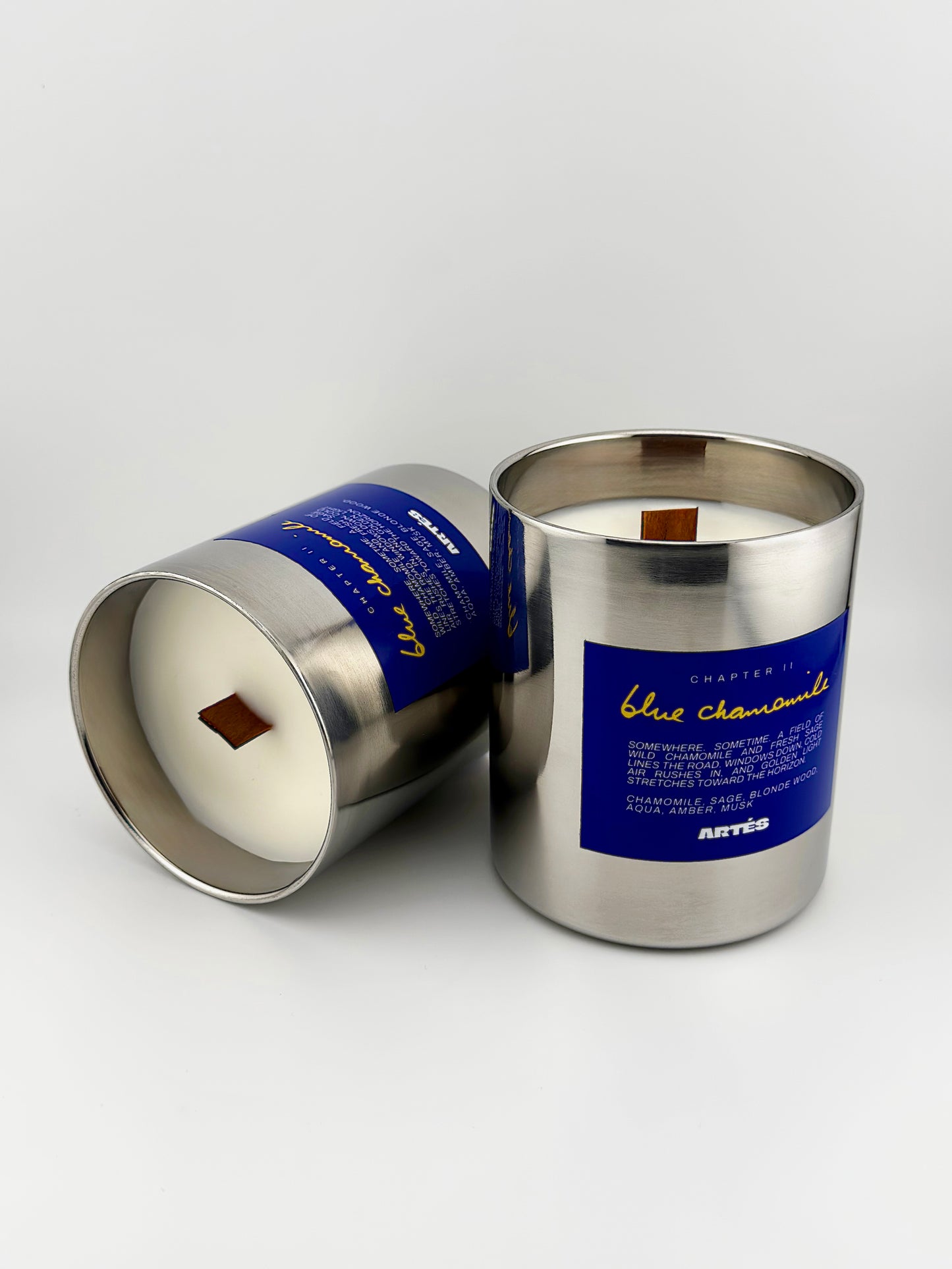 ARTES Blue Chamomile scented candle in signature stainless steel vessel