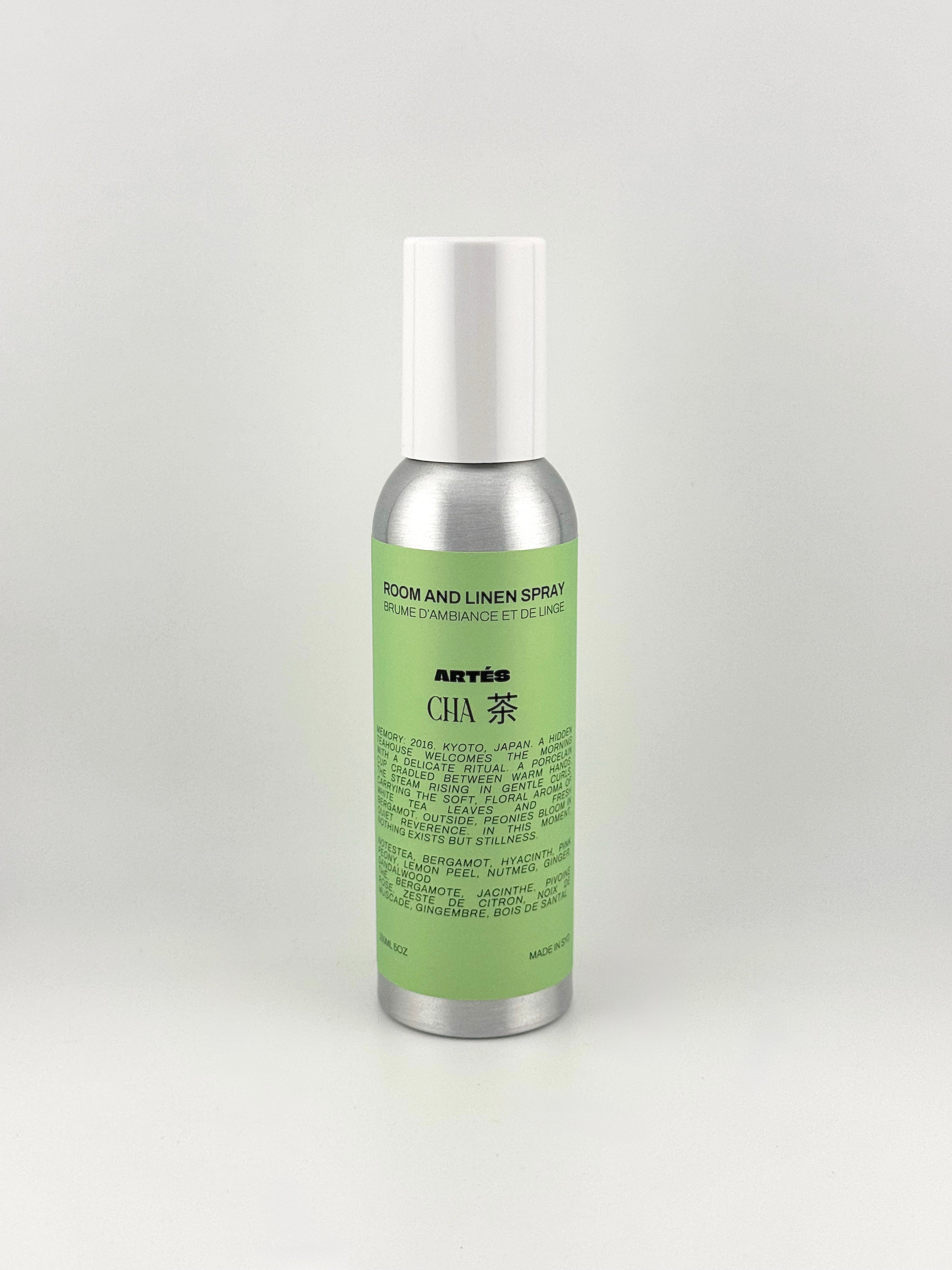 ARTES CHA Tea room and linen spray in signature aluminium bottle