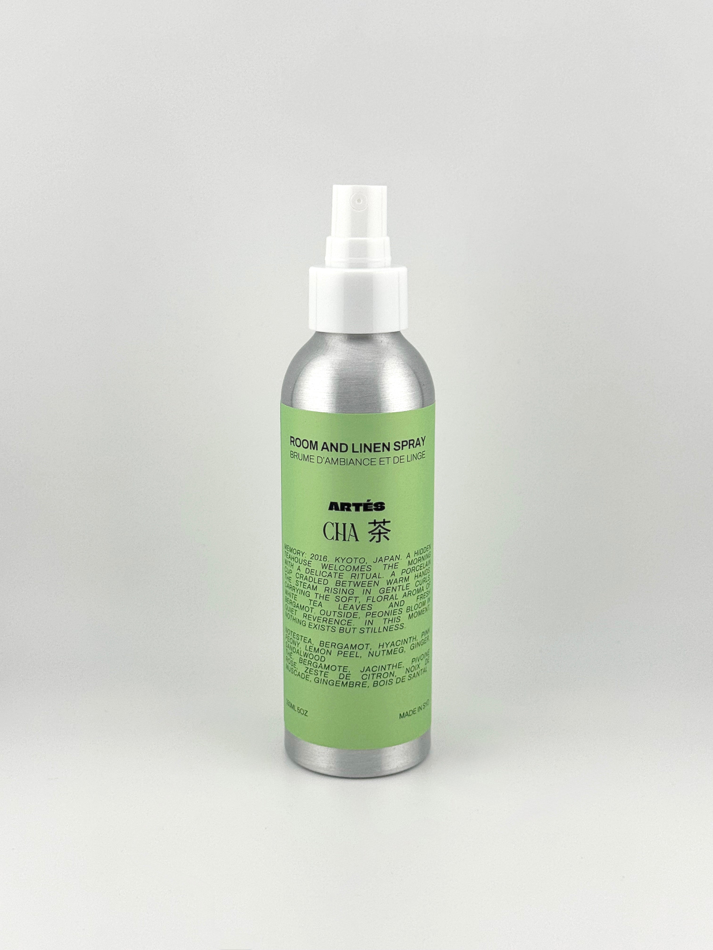 ARTES CHA Tea room and linen spray in signature aluminium bottle