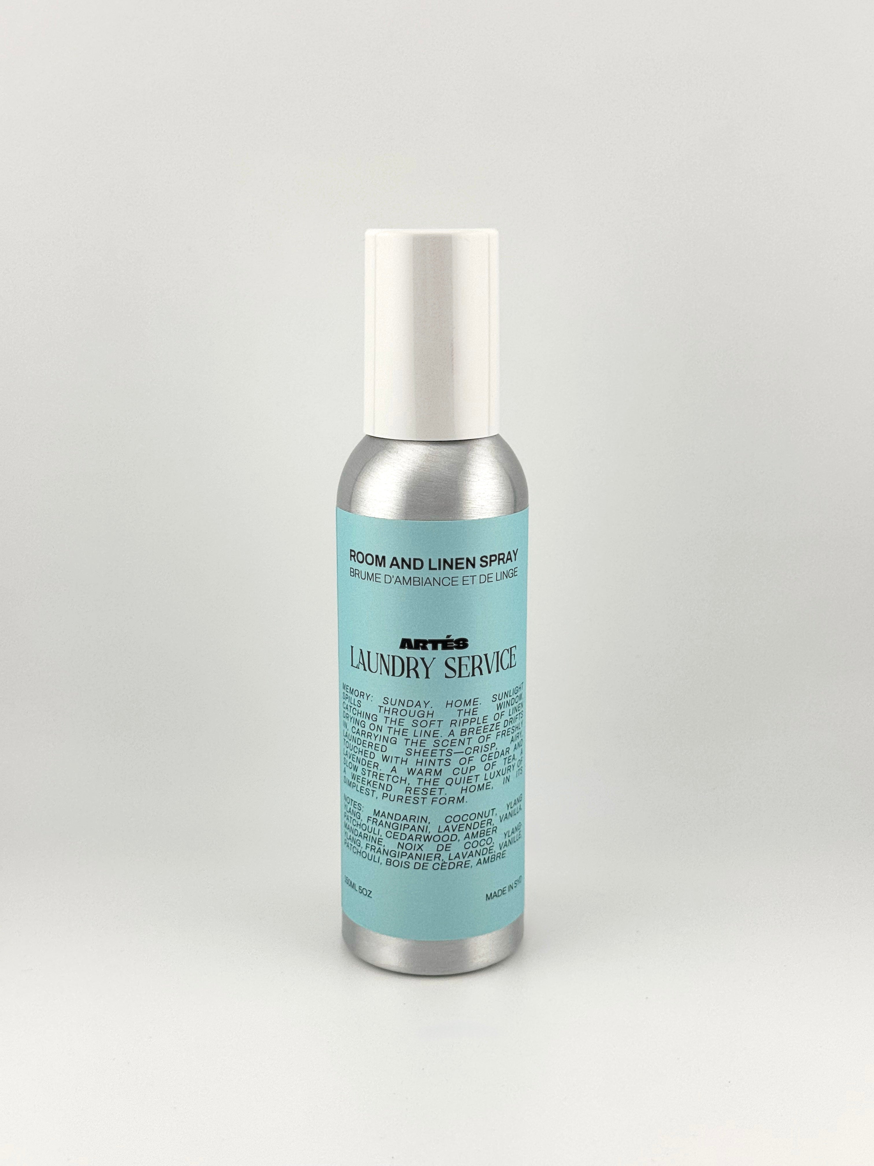 ARTES LAUNDRY SERVICE room and linen spray in signature aluminium bottle