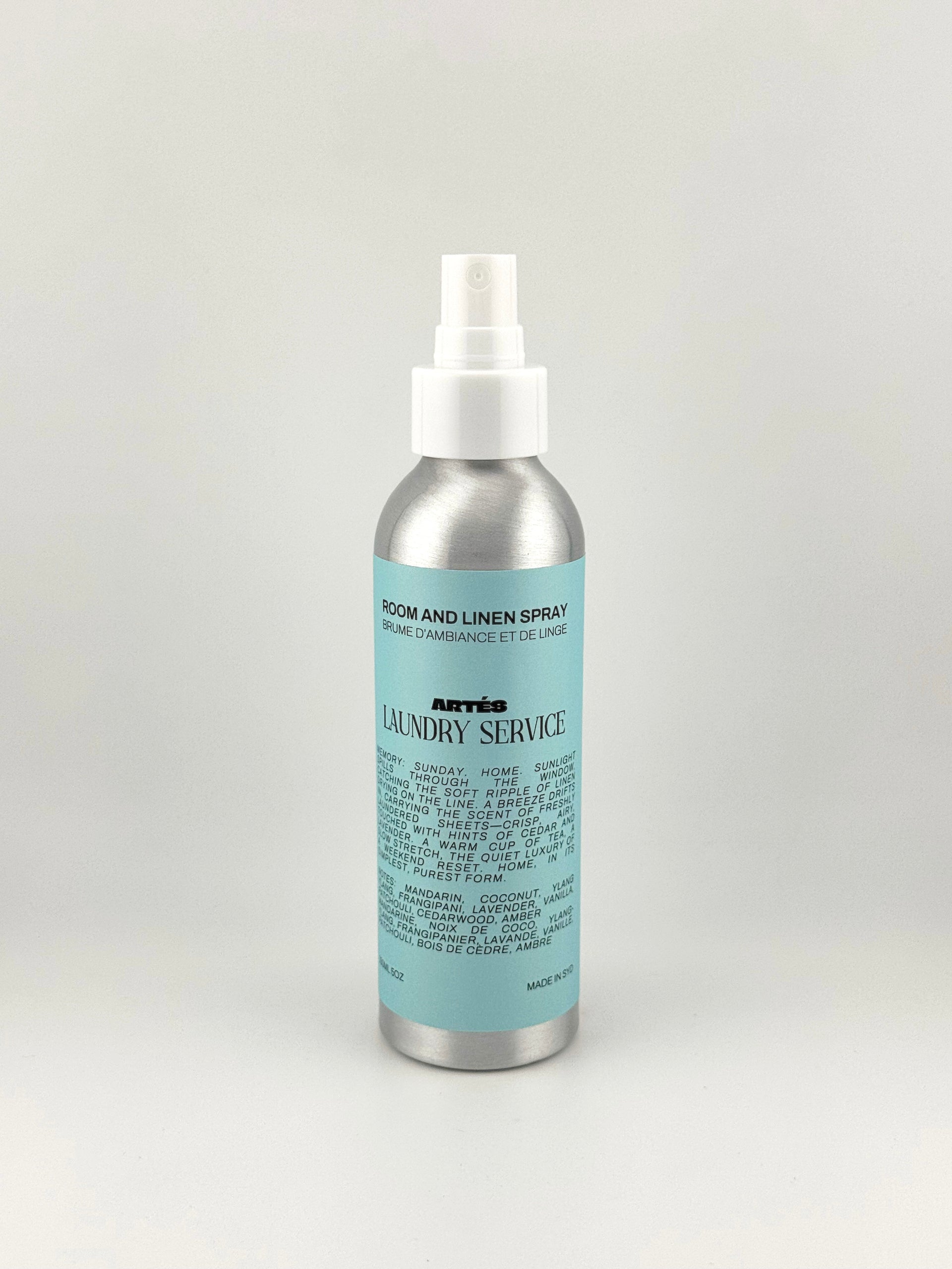ARTES LAUNDRY SERVICE room and linen spray in signature aluminium bottle