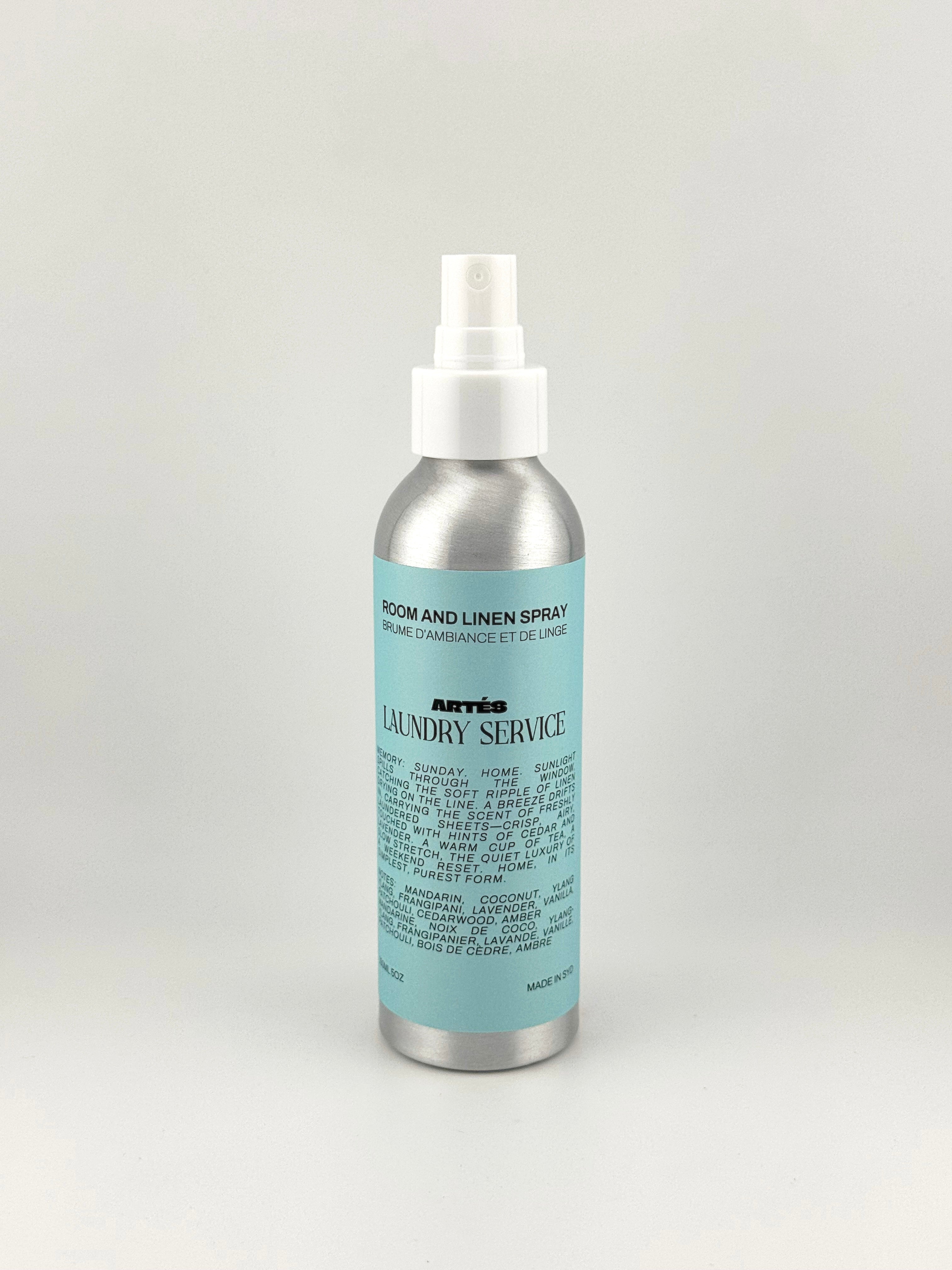 ARTES LAUNDRY SERVICE room and linen spray in signature aluminium bottle