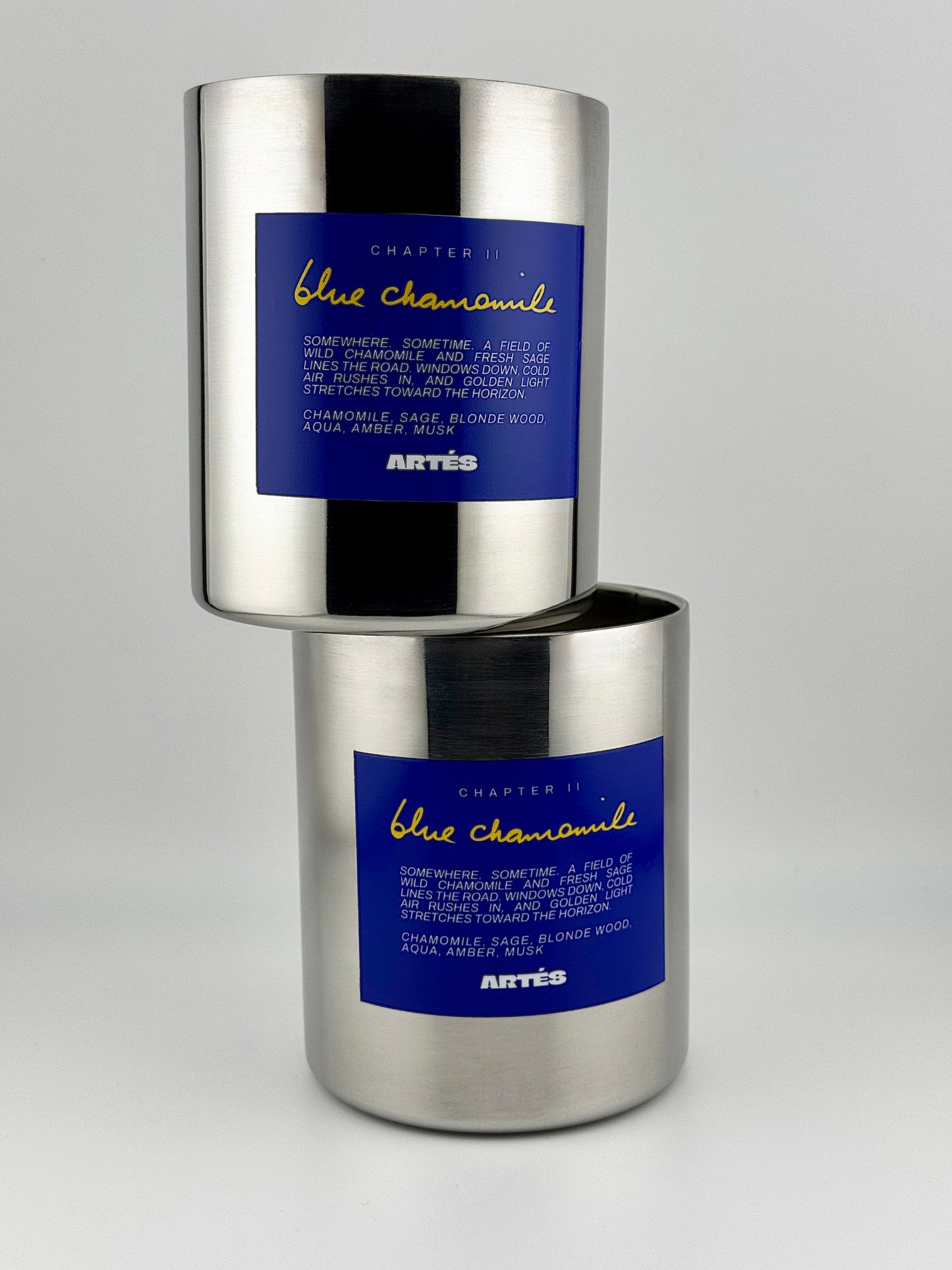 ARTES Blue Chamomile scented candle in signature stainless steel vessel