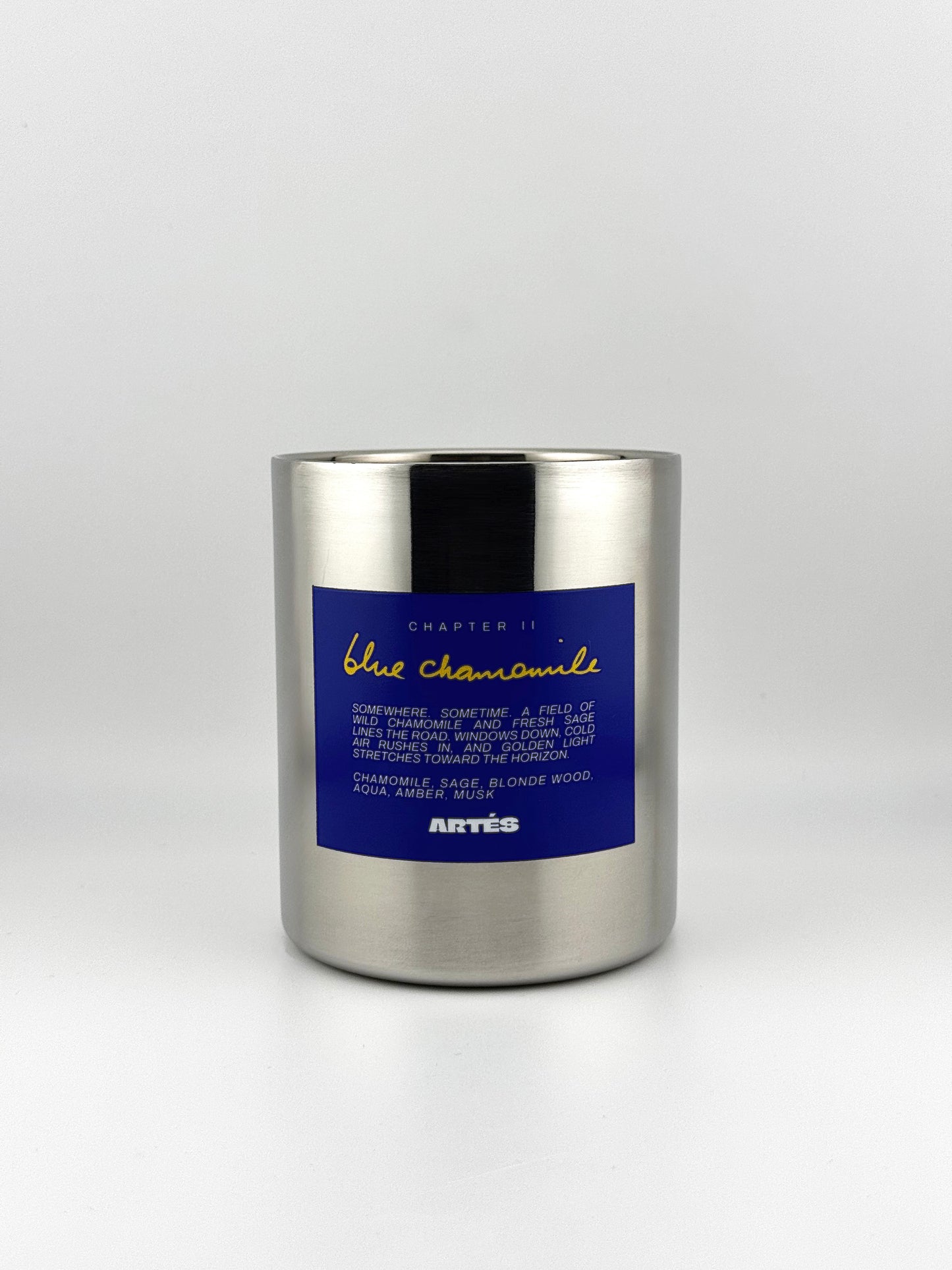 ARTES Blue Chamomile scented candle in signature stainless steel vessel