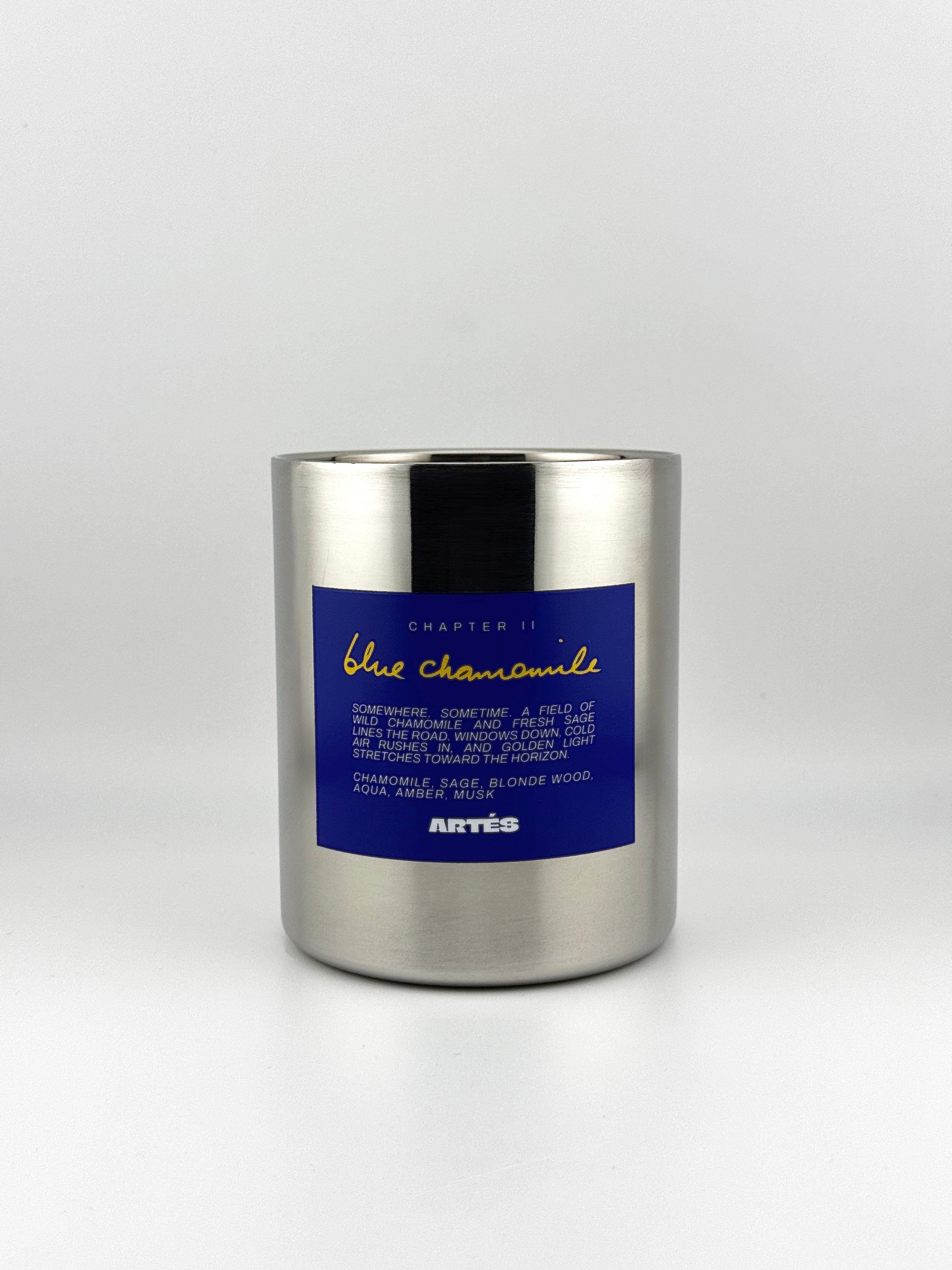 ARTES Blue Chamomile scented candle in signature stainless steel vessel